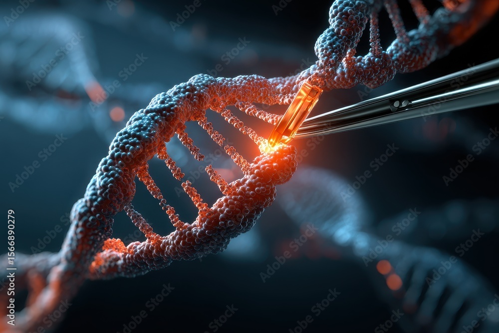 Poster exploring genetic engineering with precision tools on dna strands under a blue light setup
