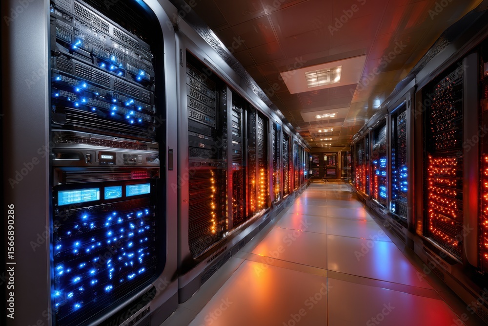 Poster visualizing a modern data center with illuminated server racks during nighttime operations