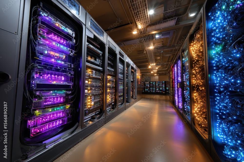 Poster vibrant data center filled with illuminated servers and advanced technology during an energy-efficie