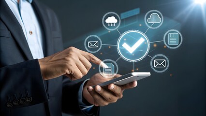 Quality assurance and guarantee concept, Businessman using smartphone with virtual correct sign or tick mark with document icon for approve, online approve paperless and quality assurance concept.
