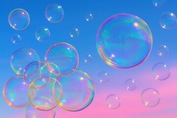 Riga, Latvia 05-09-2024 A vibrant spectacle of bubbles dancing in the sky, painted with hues of blue and pink against a clear backdrop