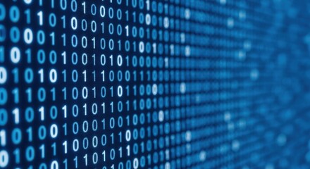 Digital data stream of binary code on a blue screen