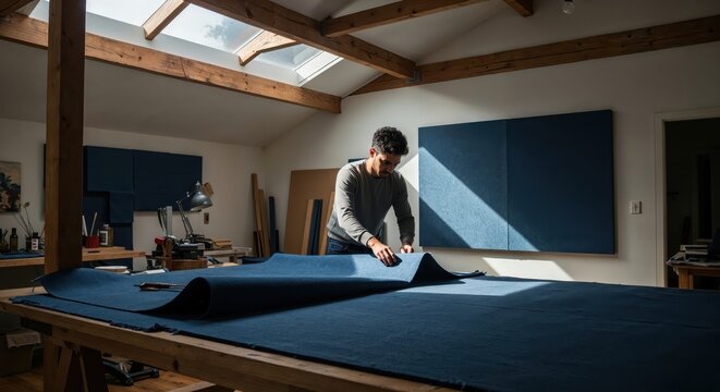 artisan focused on fabric cutting in sunlit studio