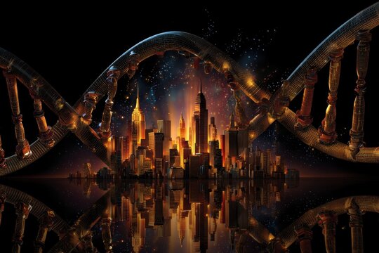 City skyline intertwined with DNA helix showcasing the fusion of urban life and genetic science at night