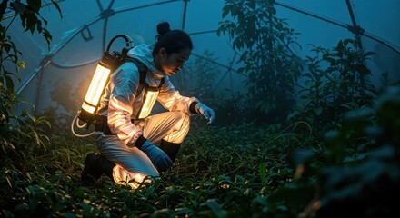 scientist examining plants in a futuristic greenhouse