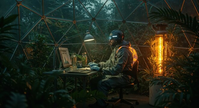 scientist working late in a futuristic greenhouse