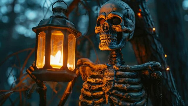 A skeleton holding a lantern in a dark and spooky forest setting, perfect for Halloween or fantasy themed projects