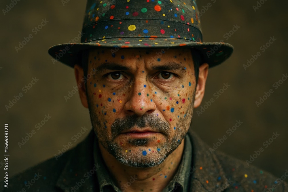Poster riga, latvia 05-09-2024 a man adorned with a vibrant array of paint splatters on his face and hat, c