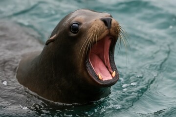 Obraz premium Riga, Latvia 05-09-2024 A seal's roar echoes through the tranquil waters of the ocean