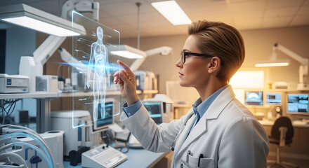 Doctor interacts with a holographic human anatomy projection, showcasing advanced medical technology in a modern lab setting. Innovative healthcare visualization.