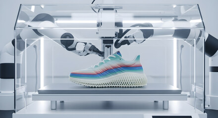 Innovative robotic arms meticulously craft a vibrant, multicolored athletic shoe, showcasing advanced 3D printing technology in a pristine, modern lab setting.