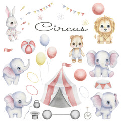Set of circus animals, watercolor illustrations for kindergarten.