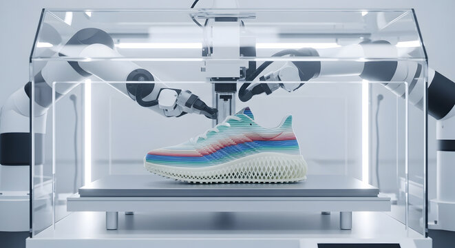 Innovative robotic arms meticulously craft a vibrant, multicolored athletic shoe, showcasing advanced 3D printing technology in a pristine, modern lab setting.