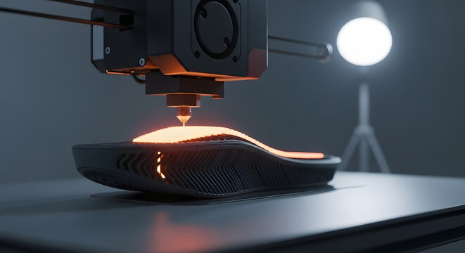 Innovative 3D printing technology creates a unique, flexible shoe sole. The process is mesmerizing, showcasing advanced manufacturing with glowing filament.