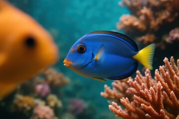 Obraz premium Riga, Latvia 05-09-2024 A vibrant blue tang fish swims gracefully among coral reefs, its vivid colors contrasting with the soft hues of the underwater world