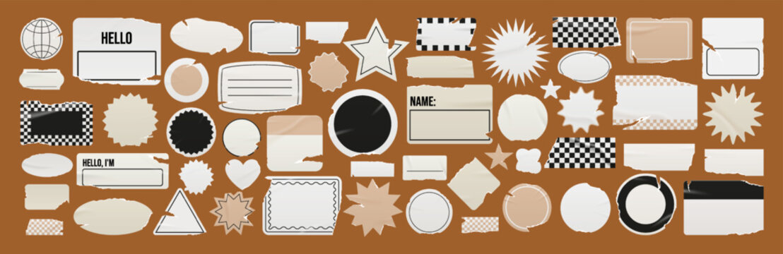 Grunge blank notebook label sticker set with torn, wrinkled edges. Checkered badges, stars, starburst, name tag. Retro collage punk template elements for student planner,school poster,note design.