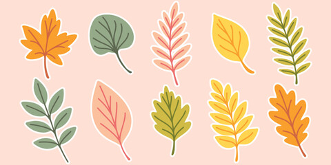 Set of pastel autumn leaves in light pink, yellow and green shades, ideal for minimalist seasonal designs and decor