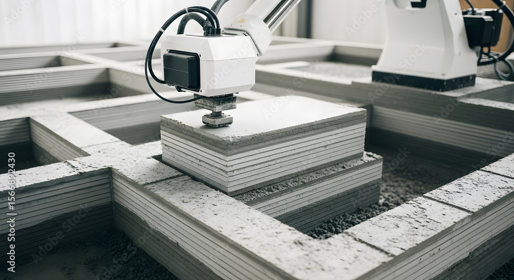 Poster automated 3d concrete printing a robotic arm meticulously layers cement, constructing a precise stru