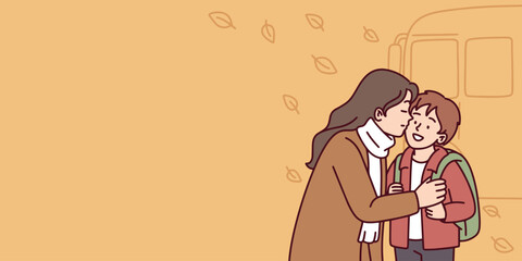 Woman hugs her child while adjusting scarf on autumn morning before school bus, sharing emotional goodbye, copy space, banner