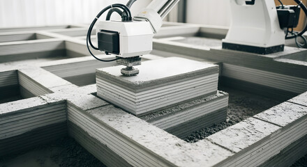 Automated 3D concrete printing A robotic arm meticulously layers cement, constructing a precise structure layer by layer, showcasing innovative construction technology.