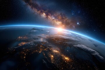 Stunning view of Earth from space showcasing sunrise over Europe and the Milky Way galaxy
