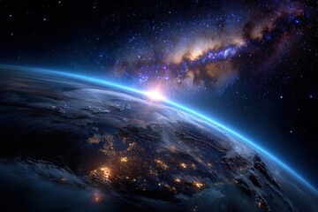 Stunning view of Earth from space showcasing Europe and the vibrant glow of city lights at dawn
