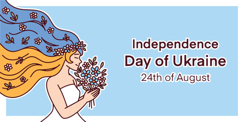 Illustration of woman with flowing blue and yellow hair and Ukrainian flag. Symbolic image for Ukraine Independence Day, banner, copy space