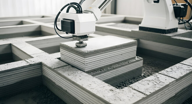 Automated 3D concrete printing A robotic arm meticulously layers cement, constructing a precise structure layer by layer, showcasing innovative construction technology.