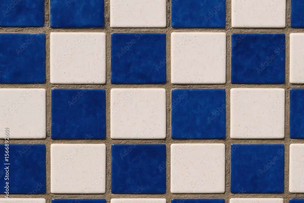 Poster riga, latvia 05-09-2024 a harmonious blend of blue and white tiles creates a classic checkerboard pa