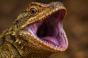 Fototapeta premium Riga, Latvia 05-09-2024 An open-mouthed reptile with a wide-open jaw, showcasing its teeth, set against a blurred background