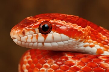Obraz premium Riga, Latvia 05-09-2024 A vibrant red snake with white markings captures attention against a dark backdrop