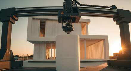 Construction innovation A large 3D printer meticulously crafts a modern houses section, showcasing technological advancement in residential building.