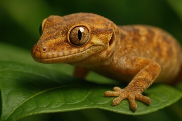 Fototapeta premium Riga, Latvia 05-09-2024 A serene moment captured as a gecko rests on its leafy perch, gazing directly into the camera lens