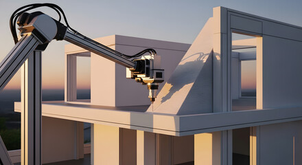 3D-printed building under construction at sunset, a robotic arm meticulously layers material, creating modern architecture against a vibrant sky.