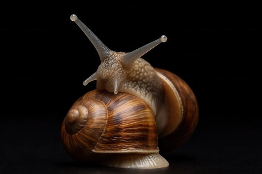 Riga, Latvia 05-09-2024 A solitary garden snail rests on a dark backdrop, its shell gleaming with natural patterns