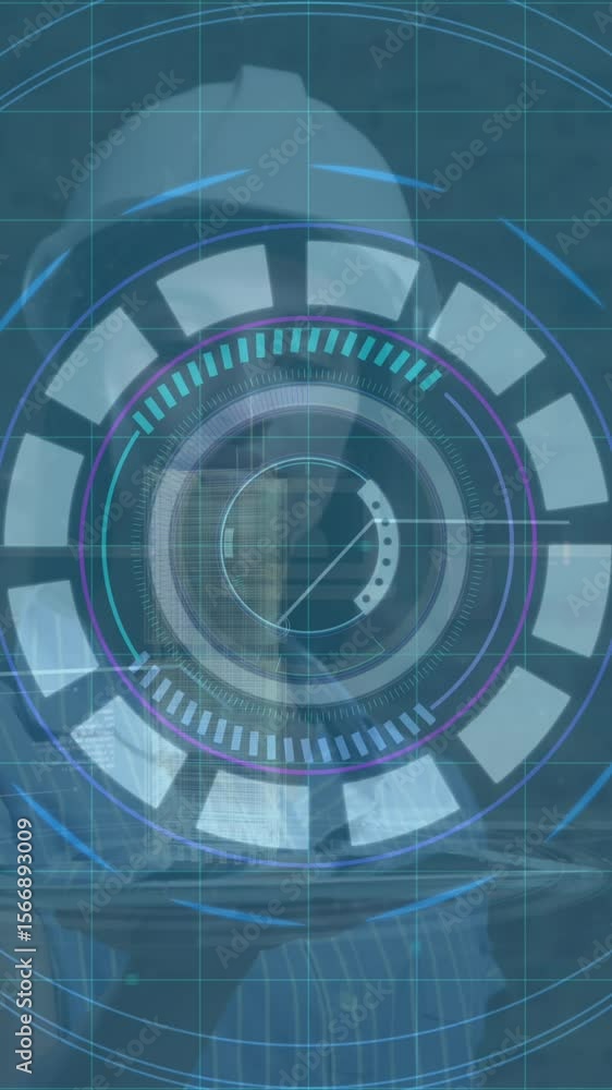 Poster animation of data processing and scope scanning over businesswoman
