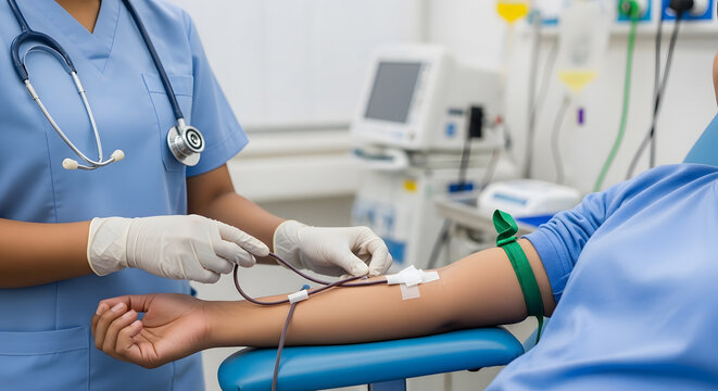 Compassionate Care A Nurse Gently Inserts an IV Line for a Blood Donation, Ensuring a Smooth and Safe Procedure in a Sterile Medical Environment.