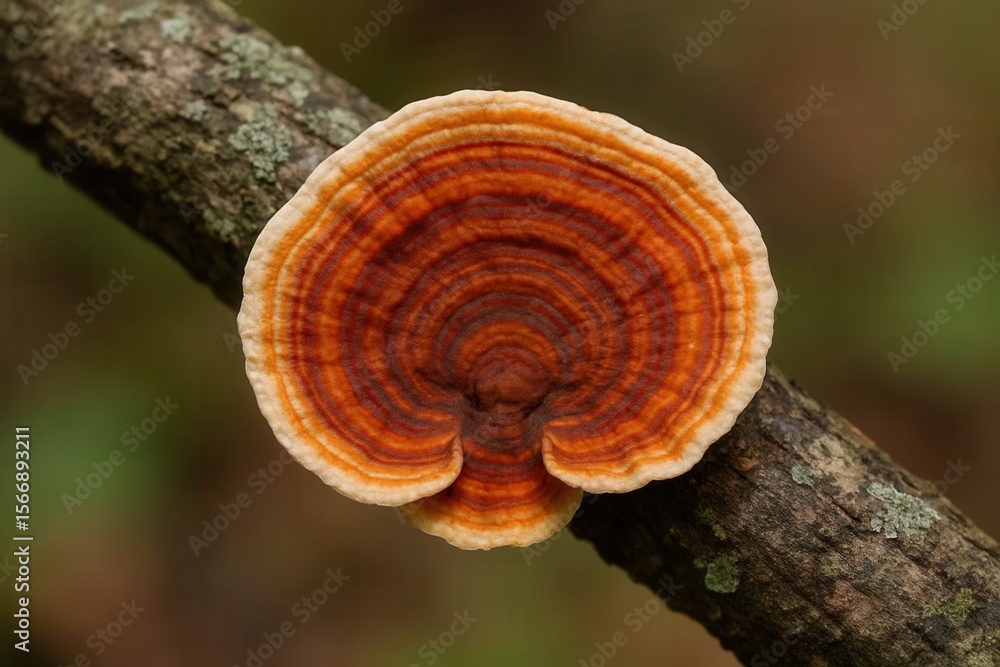 Poster riga, latvia 05-09-2024 a vibrant mushroom with a captivating spiral pattern rests on a weathered tr