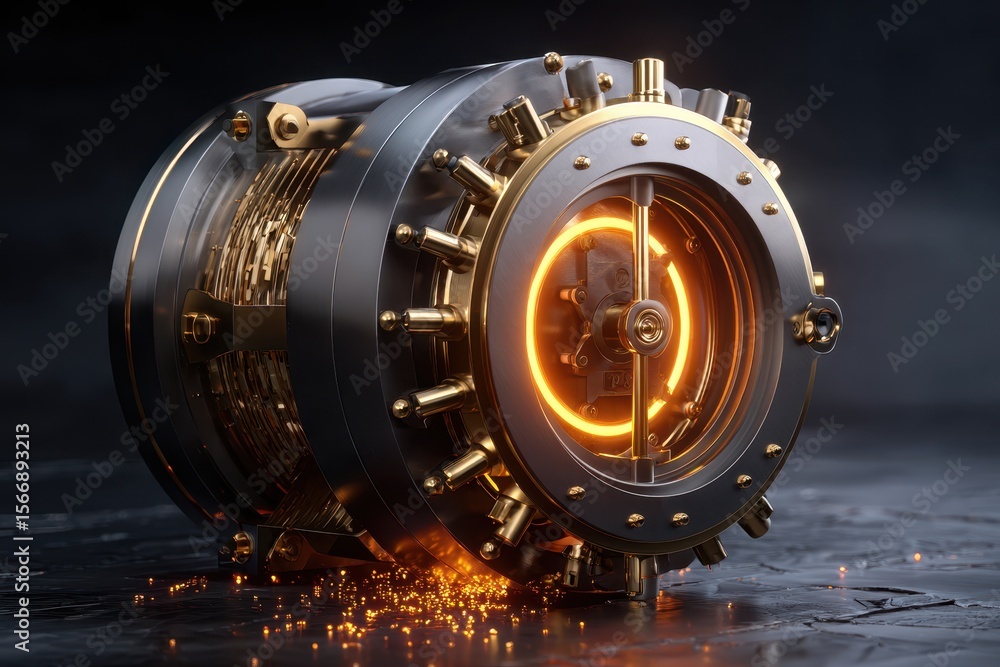 Poster intricate mechanical device with glowing elements on a dark surface showcasing advanced engineering 