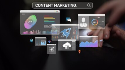 Content marketing interface with data dashboards, analytics charts, and content tools. Marketing success comes from content performance, content planning, and marketing optimization. Muxer