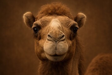Obraz premium Riga, Latvia 05-09-2024 Close-up of a camel's face against a textured brown background, capturing its gentle and curious expression