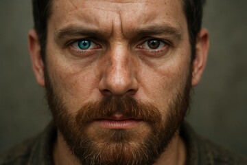 Obraz premium Riga, Latvia 05-09-2024 A close-up of a man with striking blue eyes, set against a muted background