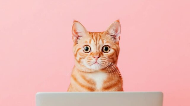 Photo of a real silly street cat with a surprised and funny face looking at the laptop screen in front of him surprised and scared an eMac is in front of the cat and the cat is looking