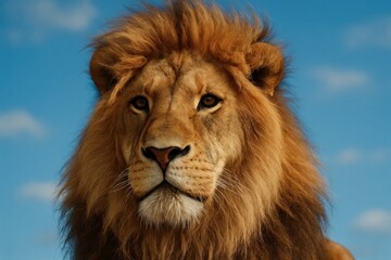 Fototapeta premium Riga, Latvia 05-09-2024 A majestic lion gazes into the azure sky, embodying the spirit of the wild