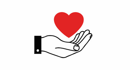  Line art hand holding a red heart symbol for love and charity on a white background with spaces for text