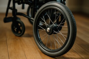 Fototapeta premium Riga, Latvia 05-09-2024 A solitary wheelchair rests on a wooden floor, its spokes gleaming in the soft light