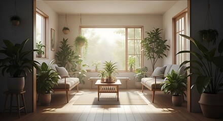 Sunlit Living Room with Abundant Greenery and Natural Light