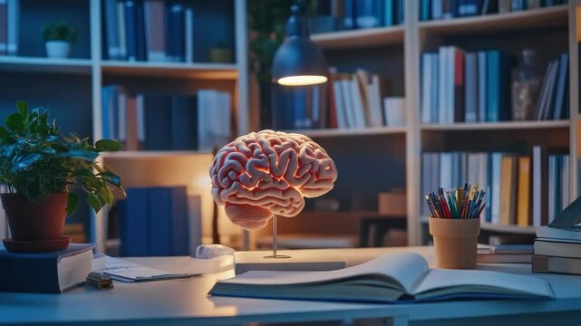Brain model on desk in study area