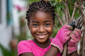 an african girl wearing pink gardening gloves, smiling and working in her garden with trees and bushes in the background