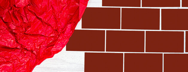 Cards on the table for logo copy paste. Brick Wall made of building blocks.
